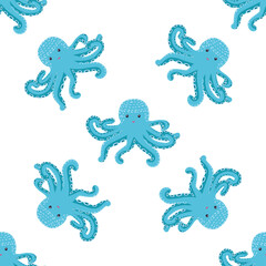 Seamless pattern with cute octopus, seaweed and pearl. Trendy nursery background
