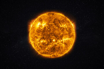 Real close up photo of the sun. Burning star with plasma emissions in the starry sky. The Sun star...