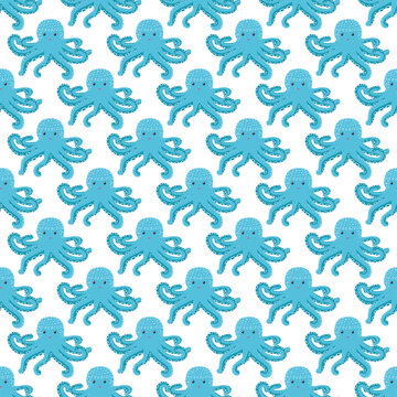 Seamless pattern with cute octopus, seaweed and pearl. Trendy nursery background