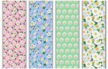 Set of colorful seamless patterns with cartoon chamomile, leaves, twigs and bouquets. Endless flower pattern for wrapping paper, background, wallpaper, etc.