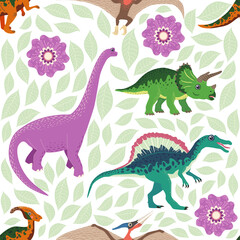 Fototapeta premium Hand drawn seamless pattern with dinosaurs and tropical leaves and flowers. Cute dino design.