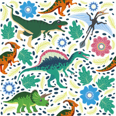 Fototapeta na wymiar Hand drawn seamless pattern with dinosaurs and tropical leaves and flowers. Cute dino design.