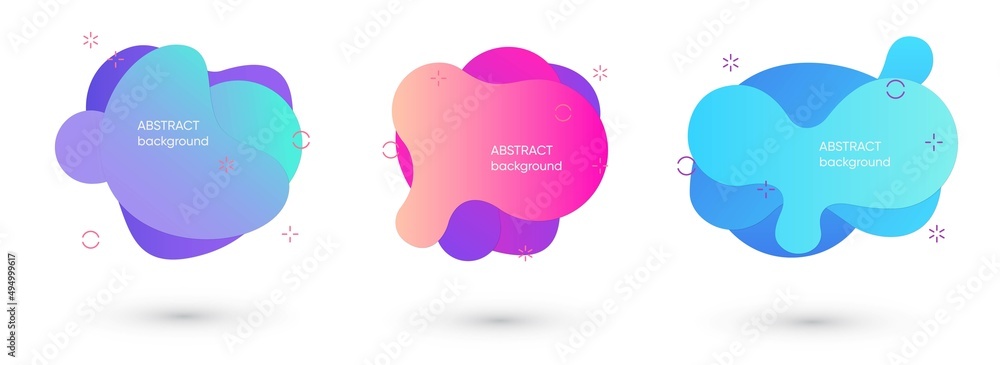 Poster set of isolated blue and red fluid blobs, gradient green and violet liquid spots. abstract brush spa