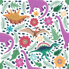 Hand drawn seamless pattern with dinosaurs and tropical leaves and flowers. Cute dino design.
