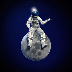 Astronaut sitting on the moon . 3D illustration - 494999671