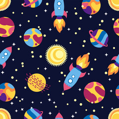 Seamless space pattern. Planets, rockets and stars. Cartoon spaceship. Childish background. Hand drawn