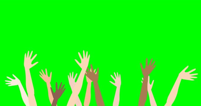 Human hands waving animation. Different ethnic, African, White, Asian international arms up, high raised air. Group of nationalities people. Green screen background.  light color, dark Draw loop video