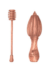 An isolated watercolor illustration of a group of two kitchen goods: a wooden honey stick and a wooden pestle for making lemonade as an element for design of text, labels,greeting and invitation cards