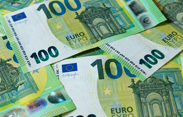 Banknotes of 100 hundred Euros. European currency.