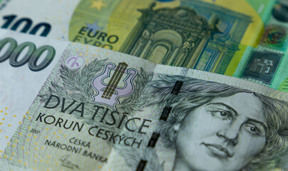 Czech and European banknotes - Euro and Ceska Koruna.