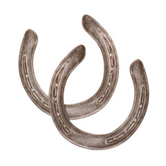 An aquarelle pencil artistic hand drawn image of two brown horseshoes with a real aquarelle paper texture as an element for design of texts, labels, greeting and invitation cards (isolated object)