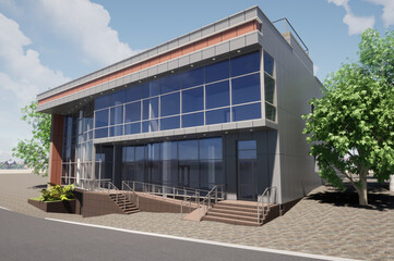 Modern office project, shop building.
3d graphics. Architectural visualization.