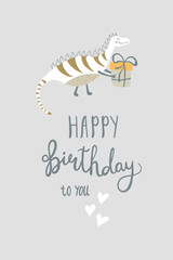 Happy birthday card. Cute vector illustration with dinosaur, gift and congrats lettering. Fun retro idea for congratulations.
