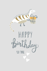 Obraz premium Happy birthday card. Cute vector illustration with dinosaur, gift and congrats lettering. Fun retro idea for congratulations.
