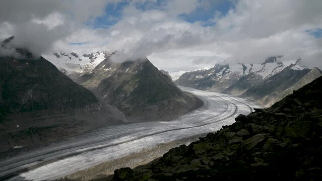 Time lapse of Aletsch Glacier. Biggest glacier in European Alps. Swiss Valais Canton, Switzerland.