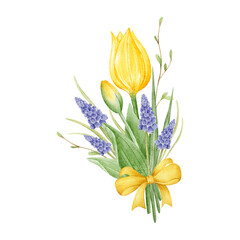 Watercolor tulip, daffodil, hydrangea, muscari flowers bouquet. Botanical spring blossom. Hand painted floral arrangement for wedding invitation and card.