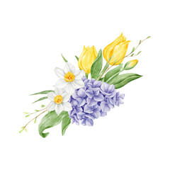 Watercolor tulip, daffodil, hydrangea, muscari flowers bouquet. Botanical spring blossom. Hand painted floral arrangement for wedding invitation and card.