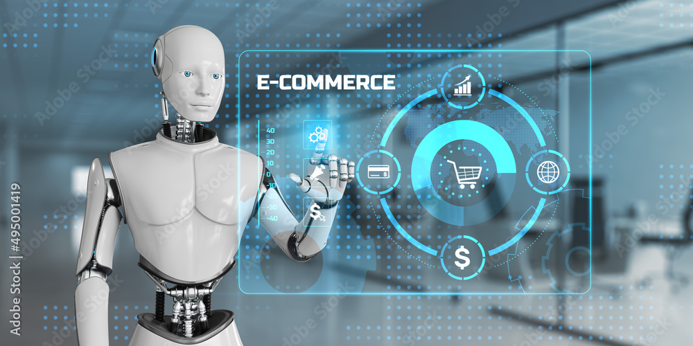 Poster e-commerce online shopping. robot pressing button on screen 3d render.