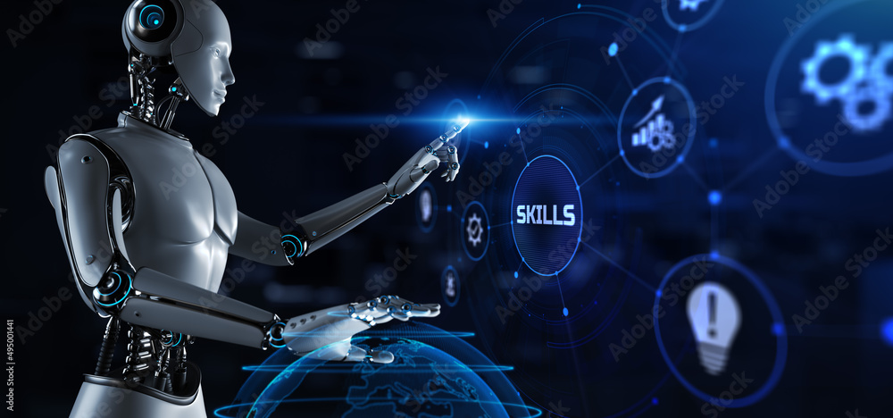 Poster skills personal training development education concept. robot pressing button on screen. 3d render.