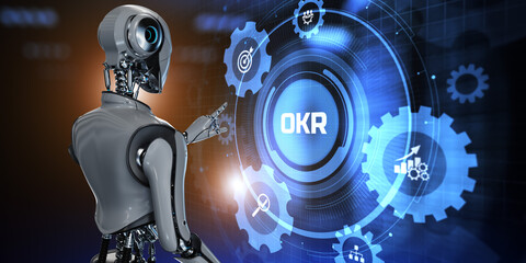 OKR Objective key results. Robot pressing button on virtual screen. 3d render.