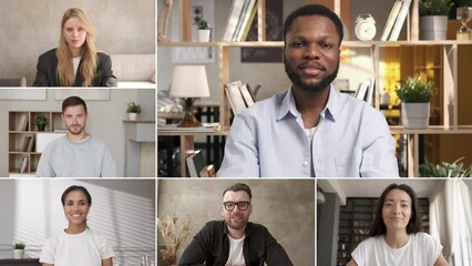 Discussing project online. Webcam view. Group video call. Remote communication of happy multiracial young people. Working from home office. Business chat conference. Colleagues communicate at meeting - Powered by Adobe