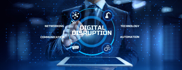 Digital disruption industry transformation technology revolution concept. Businessman pressing...