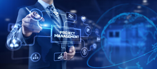 Project management business corporate technology. Businessman pressing button on screen.