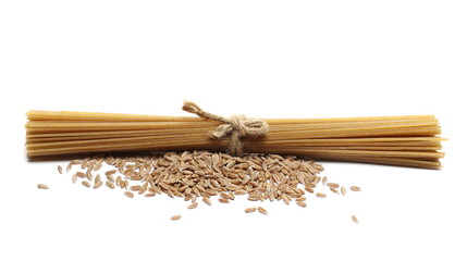 Integral spaghetti, organic whole wheat pasta with spelt grain isolated on white 