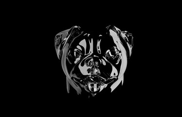 Abstract pug dog with glass effect. Funny happy smiling pug face. 3D render. Pets themed design element, icon, logo.