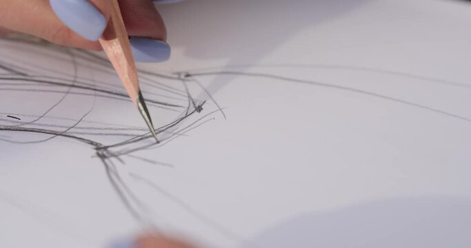 a female hand with blue manicure draws with a simple graphite pencil on white paper a sketch of a corset and dress skirt. girl designer draws a template. macro
