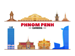Phnom Penh (Cambodia) famous landmarks on white background at white background. Flat vector illustration. Business travel and tourism concept with modern buildings. Image for banner or web site.