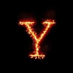 Fototapeta na wymiar Letter y burning in fire, digital art isolated on black background, a letter from alphabet set