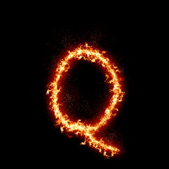 Fototapeta premium Letter Q burning in fire, digital art isolated on black background, a letter from alphabet set