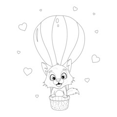 Coloring page. Cute cartoon fox is flying in a hot air balloon