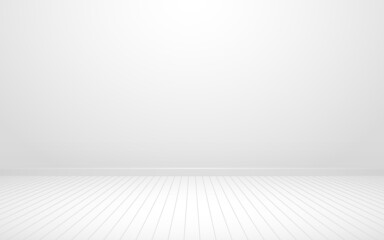 Wall and floor background. Empty white studio. Modern interior with wooden floor. Clean room mockup. Empty living space template. Light 3d wall. Vector illustration