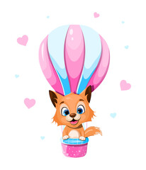 Cute cartoon fox is flying in a hot air balloon