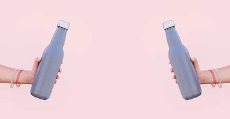 Two thermo water bottle in hands on pastel pink background. Panoramic banner.