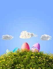 Colorful eggs in the grass and lush clouds. Grass hill and Easter eggs. Happy Easter greeting card, 3d rendering
