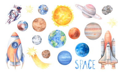 Big set of elements on the space theme. Planets, astronaut, rocket, stars, meteorites, moon. Solar system objects. Hand drawn watercolor illustration on white background. Image for children's decor. - obrazy, fototapety, plakaty