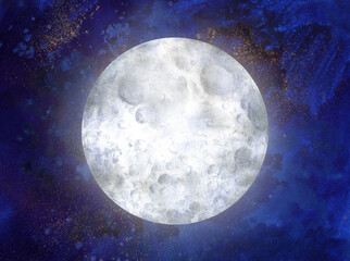 Moon. Space object, satellite of planet Earth. Hand drawn watercolor illustration isolated on white background. Image for poster, print, magazine.