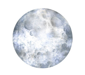 

Moon. Space object, satellite of planet Earth. Hand drawn watercolor illustration isolated on white background. Image for poster, print, magazine.