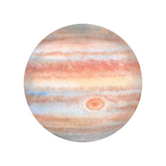 Planet Jupiter isolated on white background, hand drawn watercolor illustration. Image on the space theme.