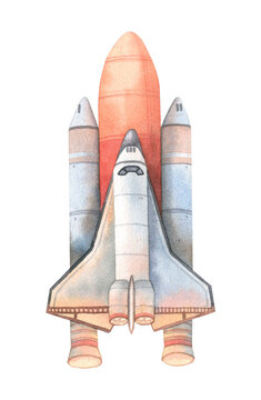 Rocket. Spaceship. Hand drawn watercolor illustration isolated on white background. Image for scientific article, poster, print, space design.