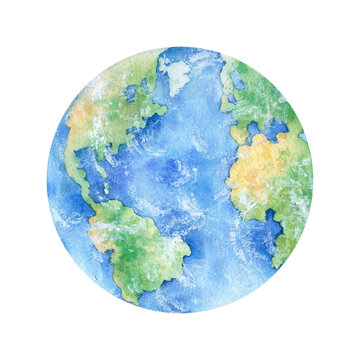 Planet Earth isolated on white background. Hand drawn watercolor illustration. Space object.