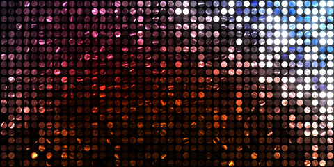 Shining lights party leds on black background. Digital illustration of stage or stadium spotlights. Glowing pattern wallpaper. Glamour background of colorful lights with spotlights.