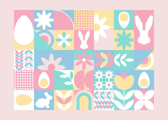 Wesołych Świąt Wielkanocnych - wiosenna pastelowa mozaika z królikiem, jajkami i kwiatami. Powtarzający się wzór na kartki świąteczne. - obrazy, fototapety, plakaty