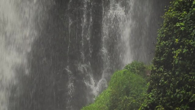Footage of Cascadas de Peguche, a small waterfall in a lush green environmnent in Ecuador, close to Otavalo.