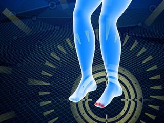 The abstract medical exam or research of toes. The sight is aiming for the source of pain represented as red area. The problem is detected. 3d illustration.