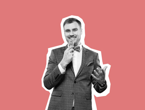 Portrait of an emotionally smiling successful presenter with a microphone. Contemporary art collage. Inspiration, ideas, magazine style. Business and creativity concept. Copyspace for ad. Modern desig