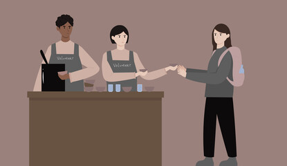 A young refugee woman, forced to leave her country because of the war, receives free food from a charity organization. Volunteers distribute food to homeless people in need. Flat vector illustration